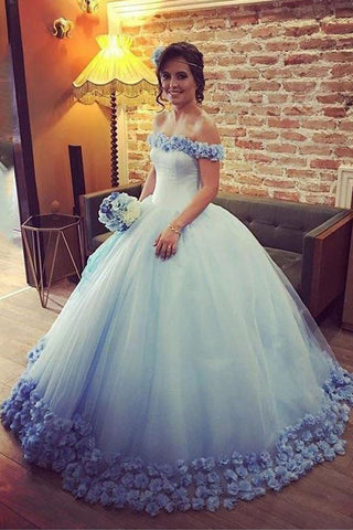 Off the Shoulder Tulle Flowers Ball Gowns Prom Dress,Cheap Blue Quinceanera Dresses OKH52