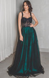 A Line Long Dark Green Black Straps Prom Dress Formal Evening Gowns OKH71