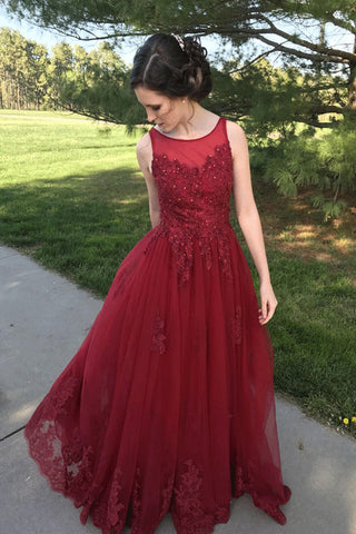 A Line Red Appliqued Long Tulle Formal Prom Dress OKE47