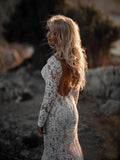 Long Sleeve Lace V Neck Backless Mermaid Boho Wedding Dress,Beach Wedding Gown OKH77