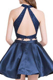 Two Piece Dark Blue Short Homecoming Dresses with Lace, A Line Satin Graduation Dress OKM55