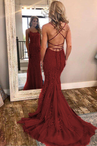 Burgundy Spaghetti Strap Mermaid Stunning Prom Dress with Lace Appliques OKJ3