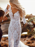 Long Sleeve Lace V Neck Backless Mermaid Boho Wedding Dress,Beach Wedding Gown OKH77