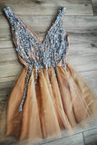Gorgeous Gold V Neck A-line Homecoming Dress Short Party Dress with Beading OKZ79
