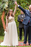 A-line Long Sleeves Chic Appliques Backless Bohemian Wedding Dress OKU44