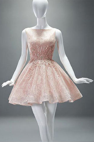 New arrival Sexy Open Back Short Lace Scoop Sleeveless Homecoming Dress with Appliques OK203