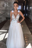 Floral Open Back Deep V-neck Straps Tulle Appliques Prom Dresses Wedding Dress OK180