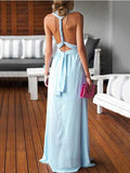 Sheath/Column V-neck Chiffon Floor-length Ruffles Blue Backless Sexy Prom Dress OK182