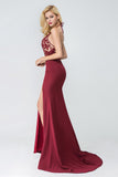 Mermaid Halter Sleeveless Burgundy Long Split Prom Dress,Evening Dresses OKA68