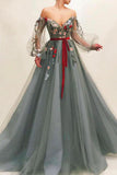 Off The Shoulder Long Sleeves A Line Tulle Long Prom Dress With Flowers OK1080