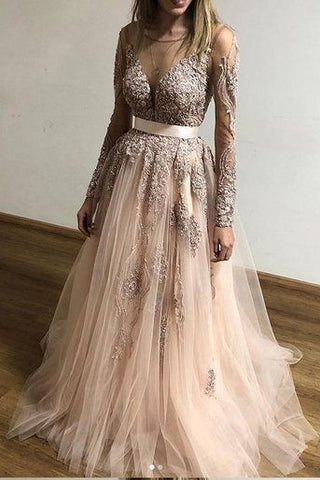 A Line Tulle Long Sleeves Appliques Cheap Prom Dress OKF61