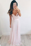 Chiffon A Line Long Evening Dresses, Lace Top Charming Prom Dresses OKE24