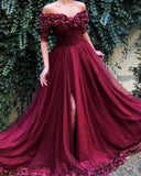 Chic Burgundy Off the Shoulder Maroon A Line Long Tulle Pom Dresses New OKG91