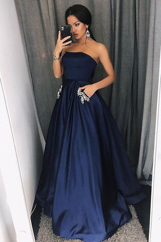 Simple A-Line Strapless Floor-Length Dark Blue Prom Dresses with Pockets Beading OKI98