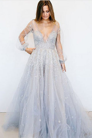 Princess Prom Dresses,Deep V-Neck Prom Gown,uffy Prom Dress,Long Sleeves Prom Dress,Beading Prom Dress