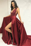 Sexy Burgundy Beading Slit Skirt Evening Dress, Graduation School Party Gown OKI86