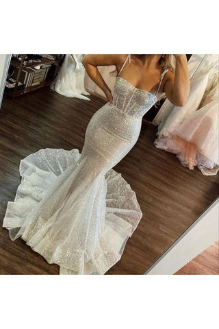 Sexy Ivory Sequins Mermaid Prom Dresses Shiny Long Wedding Dresses OK1924