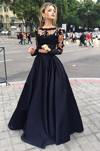 Two Piece Prom Dress,Deep Black Prom Dresses,Lace Prom Dress,Formal Prom Dress,Long Sleeves Prom Dress,Long Evening Dress,2 Pieces Evening Gown