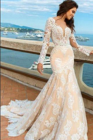 2018 Wedding Dresses,Lace Wedding Dress,Mermaid Wedding Gown,V-Neck Bridal Dress,Backless Wedding Dress