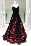 A-Line Spaghetti Straps Black Sweep Train A Line Prom Dresses with Flowers OKI74