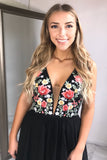 Black Floral A Line V Neck Cheap Chiffon Short Prom Dress OKB86