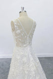 3D Flowers A-line Round Neck Wedding Dress with V Back Lace Bridal Dress OKU68