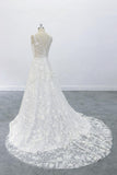 3D Flowers A-line Round Neck Wedding Dress with V Back Lace Bridal Dress OKU68