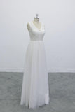 Boho Lace Applique Beading V Neck Backless A-line Skirt Wedding Dress OKU67