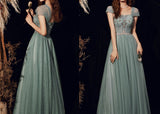 Green Spaghetti Straps Prom Dress Fairy Evening Party Dress Lace-up Slleveless Prom Gown OKW78