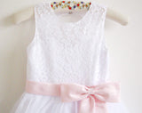 White Lace Flower Girl Dress Pink Sash Baby Girls Dresses Lace Tulle White Flower Girl Dress OK210