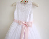 White Lace Flower Girl Dress Pink Sash Baby Girls Dresses Lace Tulle White Flower Girl Dress OK210