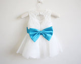 Light Ivory Blue Ribbon Lace Tulle Flower Girl Dresses With Blue Sash/Bows OK209