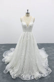 A-line Deep V Neck Fairy Tale Wedding Dresses Lace Tulle Bridal Dresses OKU96