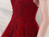 Burgundy High Neck Sheer Shoulder Long Prom Dress Prom Dress Evening Gown Girl OKV84