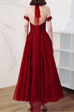 Burgundy High Neck Sheer Shoulder Long Prom Dress Prom Dress Evening Gown Girl OKV84