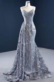 Mermaid Lace Grey Sleeveless Spaghetti Straps Long Formal Evening Dresses OKU97