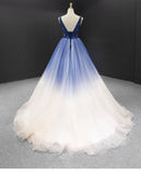 Ombre A-line Pleated Ruffles Beach Boho Prom Gowns Beading Evening Dresses OKU99