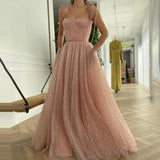 Pink Sequin Long Formal Prom Dress Tulle A-line Spaghetti Straps Evening Gown Dress OKW98