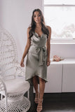 Simple Gray A Line Satin Spaghetti Straps High Low Bridesmaid Dress OK1571