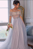 A Line Tulle Beading Long Prom Dress Chic Sheer Neck Evening Dress OK1359