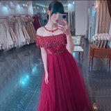 A Line Tulle Beading Long Prom Dress Chic Sheer Neck Evening Dress OK1359