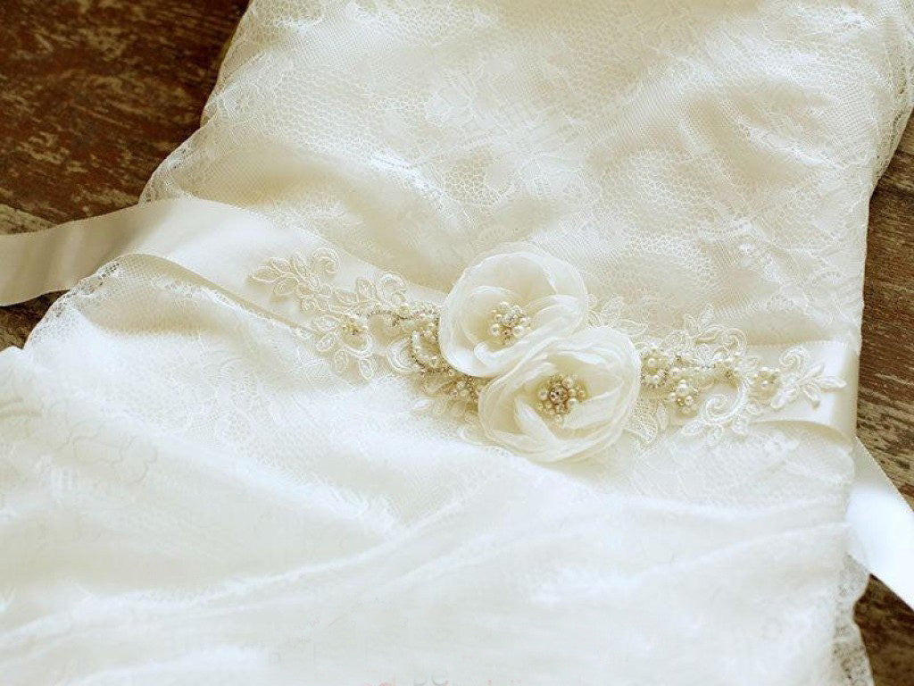 Flower Wedding Belt Lace Applique Floral Bridal Sashes with Pearls BS10