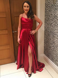 Burgundy Spaghetti Straps Prom Dress with Slit Sexy Long Evening Dress OKJ86