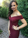 Mermaid Off-the-Shoulder Burgundy Formal Prom Dress with Slit OKI93