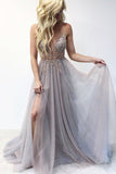 A-Line Spaghetti Straps Deep V Neck Prom Dresses with Beading Split OKI69