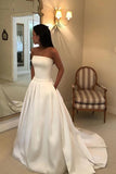 A-line Ivory Strapless Wedding Dress Satin Draped Bridal Dress With Pockets OKX5