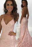 Amazing Pearl Pink Mermaid V Neck Lace Long Backless Prom Dress OK1033