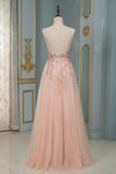 Sparkly Pink Beading Long Prom Dress Spaghetti Straps Tulle Sequined Party Gown OKW71