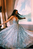 A-line V neck Silver Long Prom Dress Shiny Evening Party Dress OKS25