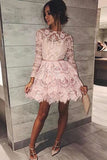 Pink A Line Short Long Sleeves Lace Mini Homecoming Dresses OKB34